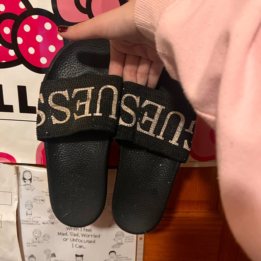 GUESS Kids Black and Gold Slide Sandals